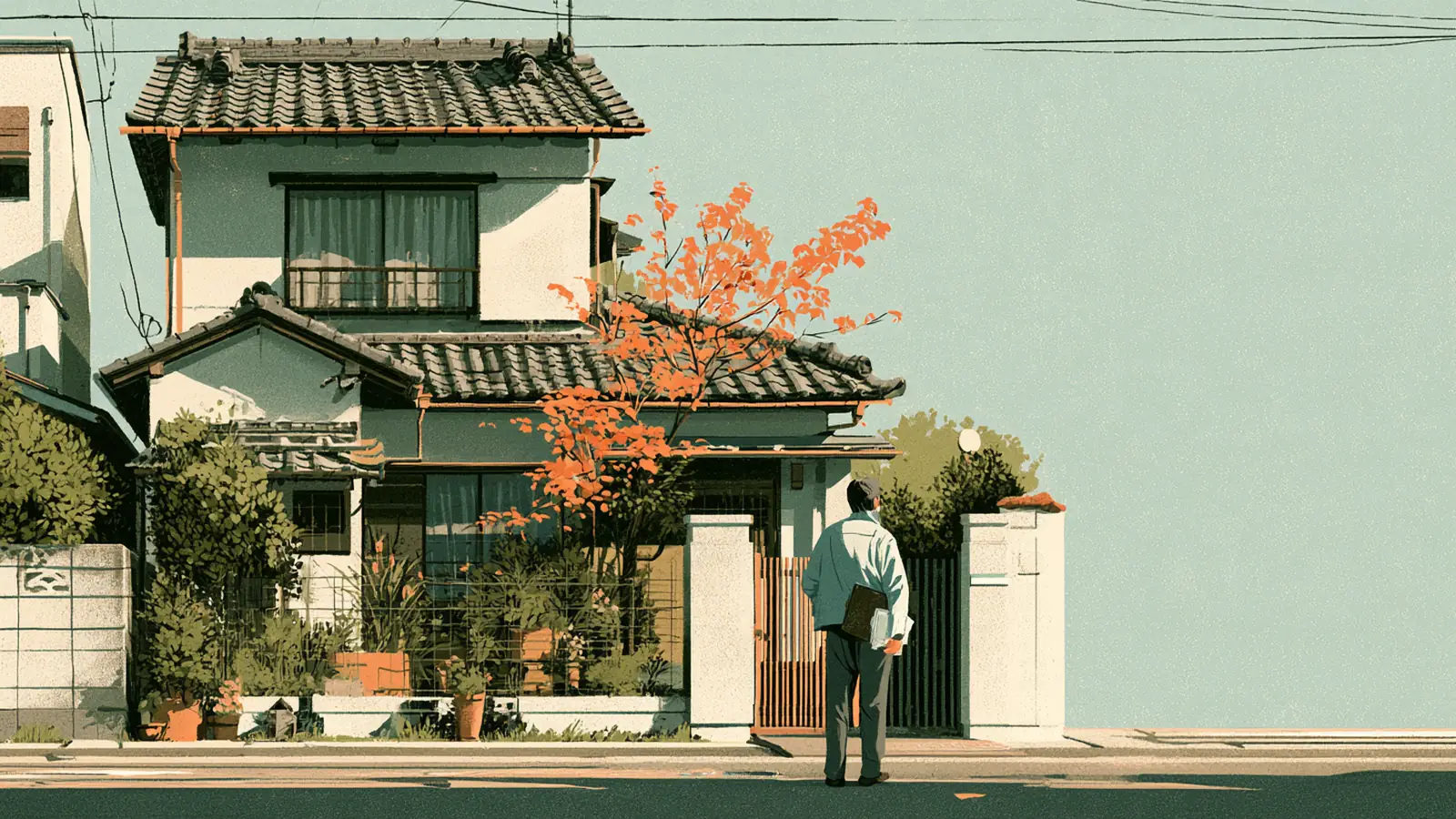 瓦屋根の実家の前に立つ人の後ろ姿のイラスト