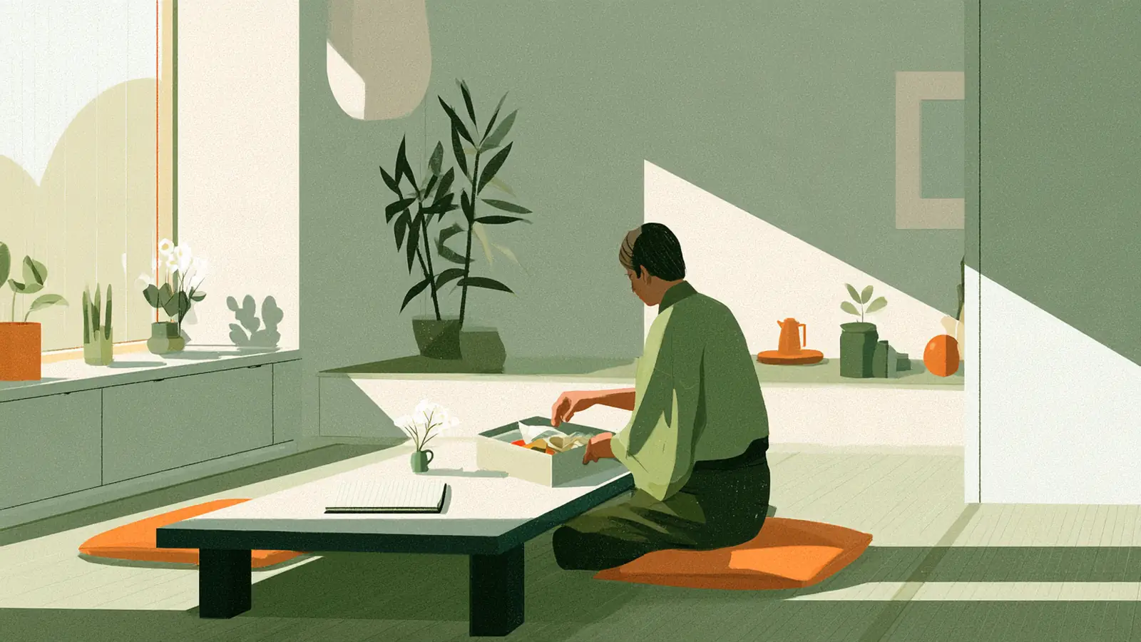 座卓で書類を整理する人のイラスト