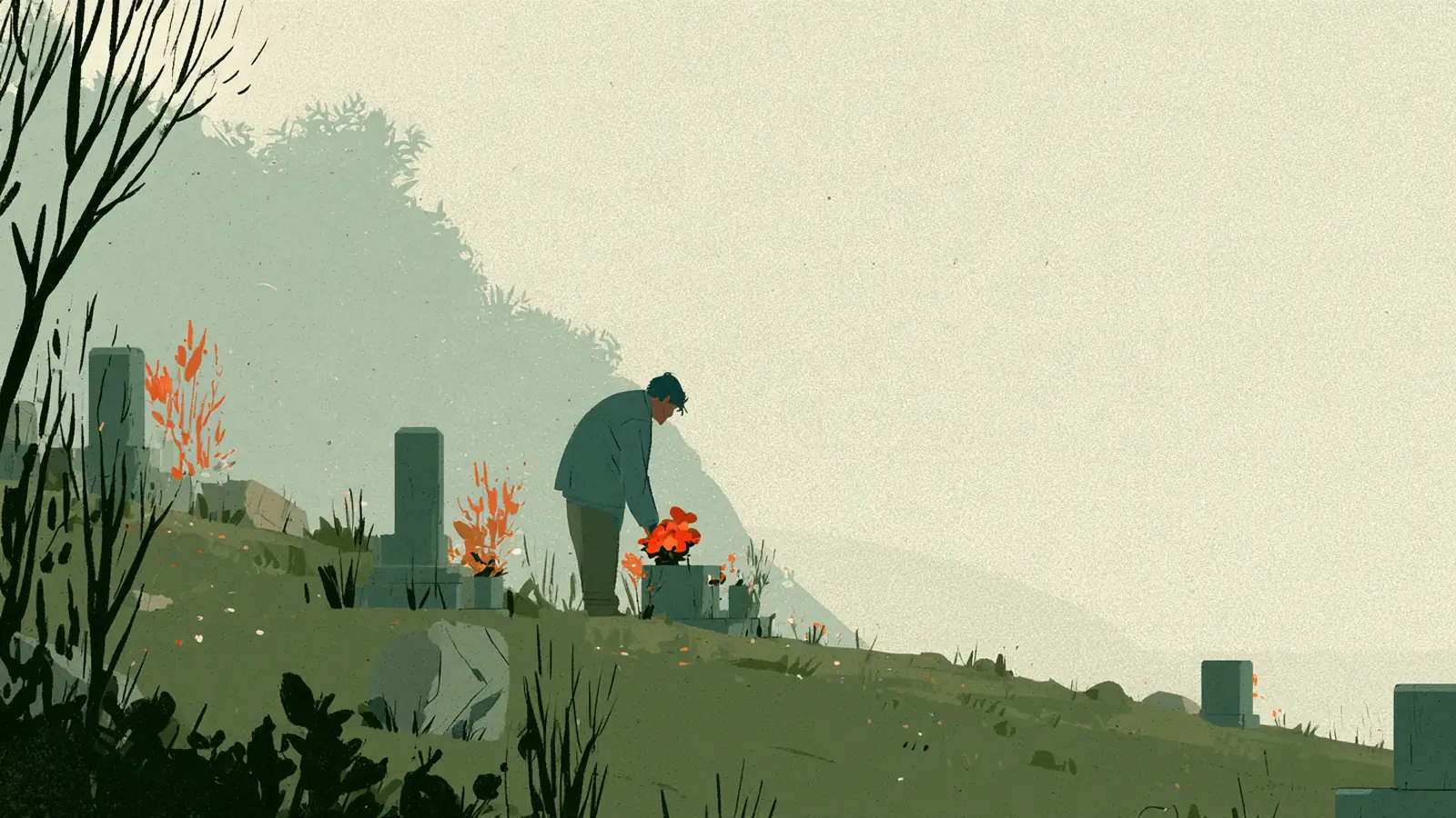 丘の上のお墓に花を供える人の後ろ姿のイラスト